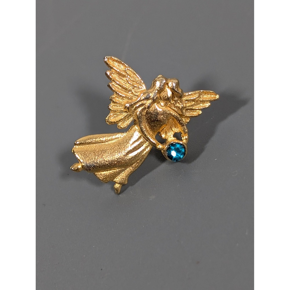 Vintage T&T Angel Tack Pin Gold Tone Teal Rhinestone‎ Guardian Angel